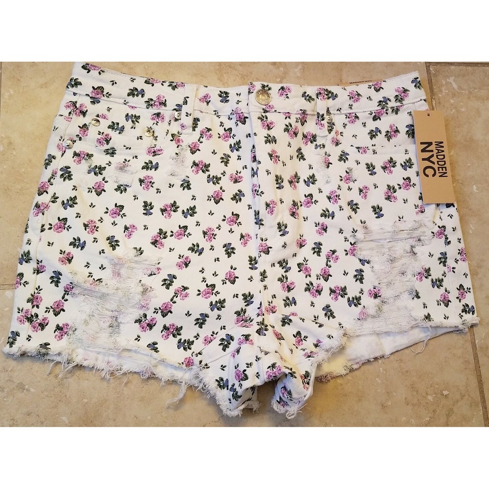 Madden NYC High Rise Jeans Shorts with Frayed Hem Floral Distressd Juniors sz 13